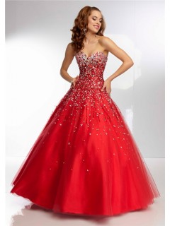 Ball Gown Strapless Sweetheart Corset Back Long Red Tulle Beaded Prom Dress