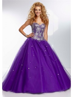Ball Gown Strapless Sweetheart Long Deep Purple Tulle Beaded Prom Dress