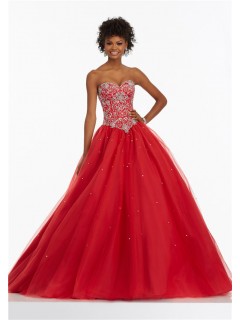 Ball Gown Sweetheart Basque Waist Corset Back Red Tulle Beaded Prom Dress