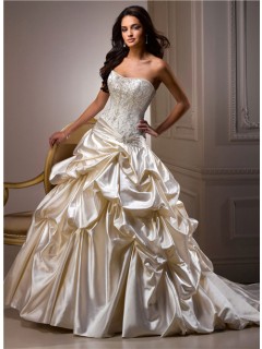 Ball Gown Sweetheart Champagne Colored Satin Embroidery Beaded Wedding Dress