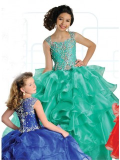 Ball Gown Sweetheart Green Organza Ruffle Beaded Girl Pageant Dress With Straps