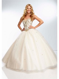 Ball Gown Sweetheart Long Champagne Tulle Gold Beaded Prom Dress Corset Back
