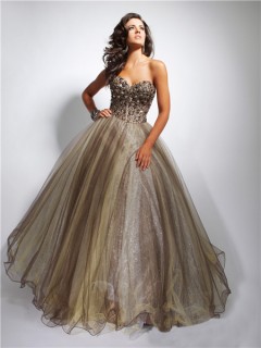 Ball Gown Sweetheart Long Chocolate Brown Tulle Evening Prom Dress With Beaded Crystals