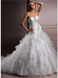 Ball Gown Sweetheart Puffy Organza Ruffle Wedding Dress With Pearls Crystals