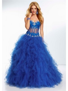 Ball Gown Sweetheart Sheer See Through Corset Royal Blue Tulle Ruffle Prom Dress