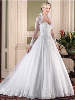 Ball Gown Sweetheart Tulle Lace Pearl Beaded Wedding Dress With Long Sleeve Jacket