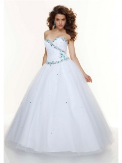 Ball Gown sweetheart floor length white beaded tulle prom dress with corset back