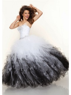 Ball Gown sweetheart floor length white black multi color prom dress with ruffles