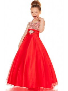 Ball Halter Red Tulle Beaded Little Flower Girl Party Prom Dress