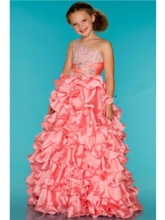 Ball One Shoulder Coral Ruffle Beaded Little Girl Party Dance Dress With Train