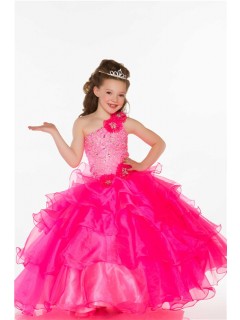 Ball One Shoulder Hot Pink Organza Ruffle Beaded Little Girl Prom Dress With Flowers