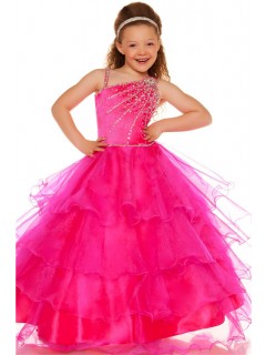 Ball One Shoulder Pink Tiered Organza Ruffle Flower Girl Pageant Dance Dress