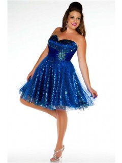 Ball Sweetheart Mini Short Royal Blue Sequined Beaded Plus Size Party Prom Dress