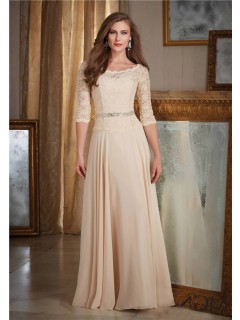 Bateau Neckline Long Champagne Chiffon Lace Mother Of The Bride Evening Dress With Sleeves