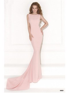 Bateau Neckline Low Back Light Pink Satin Beaded Evening Dress With Bow