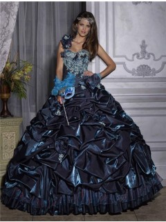 Beautiful Ball Gown One Shoulder Navy Blue Taffeta Quinceanera Dress With Embroidered Beading