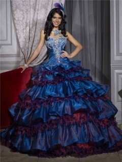 Beautiful Ball Gown Tiered Royal Blue Taffeta Quinceanera Dress With Embroidered Beading