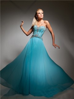 Best Sweetheart Long Sky Blue Chiffon Evening Prom Dress With Beading Crystals