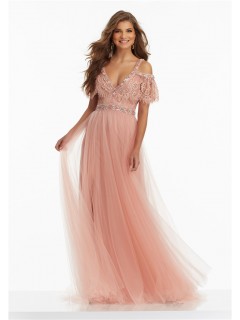 Boho V Neck Off The Shoulder Long Rose Tulle Lace Prom Dress