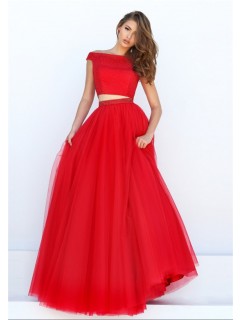 Charming A Line Off The Shoulder Two Piece Red Tulle Pearl Beaded Prom Dress
