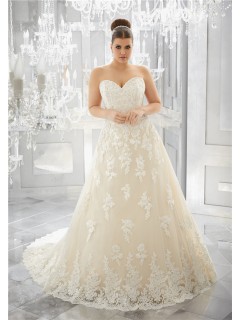Charming A Line Sweetheart Champagne Tulle Lace Plus Size Wedding Dress