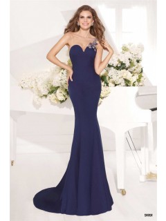 Charming Illusion Neckline Navy Blue Satin Beaded Evening Prom Dress With Bow