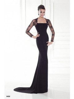 Charming Long Lace Sleeve Open Back Black Satin Evening Dress With Bows