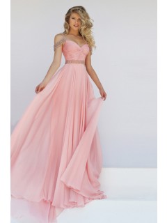 Charming Off The Shoulder Long Blush Pink Chiffon Flowing Prom Dress