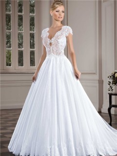 Charming Scalloped Neckline Cap Sleeve Illusion Back Lace Tulle Wedding Dress