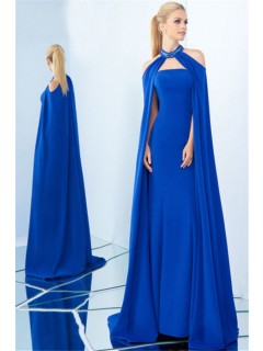 Charming Strapless Royal Blue Satin Evening Prom Dress Detachable Cape