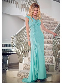 Charming V Neck Cap Sleeve Turquoise Chiffon Ruffle Beaded Mother Of The Bride Evening Dress