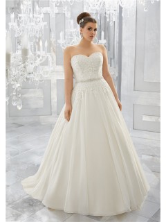Classic Ball Gown Sweetheart Organza Lace Plus Size Wedding Dress Crystals Sash