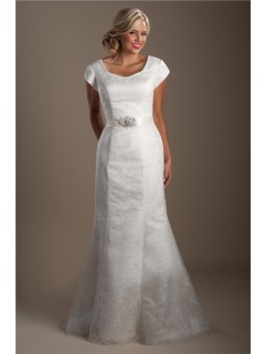 Classic Mermaid Cap Sleeve Lace Modest Wedding Dress With Crystals Sash