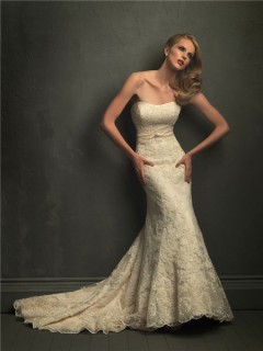 Classic Mermaid Strapless Champagne Lace Wedding Dress With Belt V Back