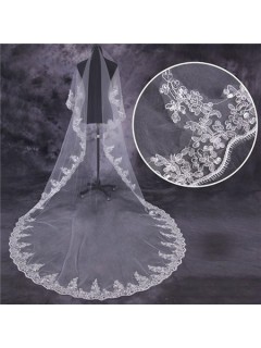 Classic One Tier Tulle Lace Long Cathedral Wedding Bride Veil With Sequins