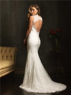 Classic Slim Mermaid V Neck Lace Beaded Wedding Dress With Open Back