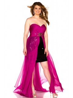 Classic Strapless Sweetheart Black Sequined Magenta Chiffon Plus Size Party Prom Dress