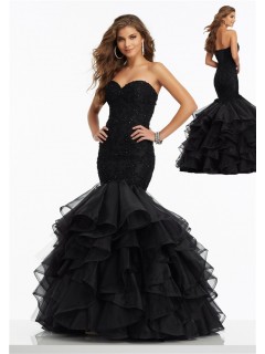 Classy Mermaid Corset Back Black Organza Ruffle Lace Beaded Prom Dress