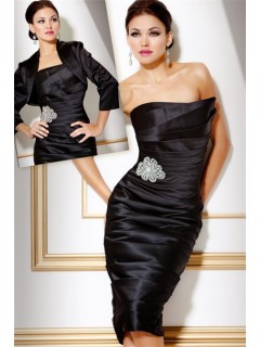 Classy Tight Strapless Short Black Tiered Satin Cocktail Evening Dress With Jacket
