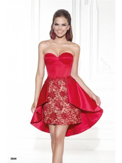 Column Sweetheart Red Satin Lace High Low Party Prom Dress