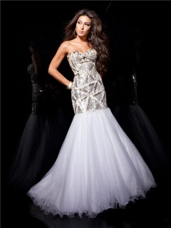 Couture Mermaid Sweetheart Long White Tulle Evening Prom Dress With Beading