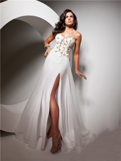 Couture Sweetheart Floor length White Chiffon Evening Prom Dress With Beading Slit