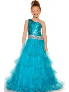 Cute A Line One Shoulder Blue Turquoise Sequin Tulle Girl Evening Party Dress