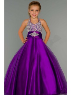 Cute Ball Gown Halter Purple Tulle Beading Flower Girl Party Prom Dress