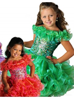 Cute Ball Short Green Organza Ruffle Beaded Tutu Girl Pageant Dress