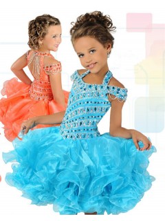 Cute Ball Short Turquoise Organza Ruffle Beaded Tutu Girl Pageant Prom Dress