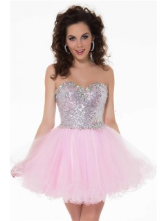 Cute Ball Strapless Short Pink Tulle Sequined Cocktail Party Prom Dress