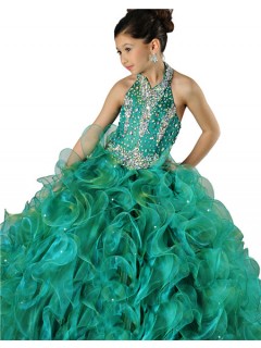 Cute Halter Emerald Green Organza Ruffle Crystal Beaded Little Girls Party Prom Dress