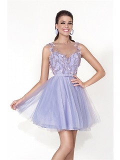 Cute Illusion Neckline Short Lavender Tulle Beaded Prom Dress With Sash