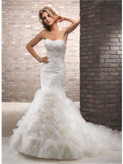 Cute Mermaid Lace Sparkles Tulle Floral Wedding Dress With Detachable One Strap